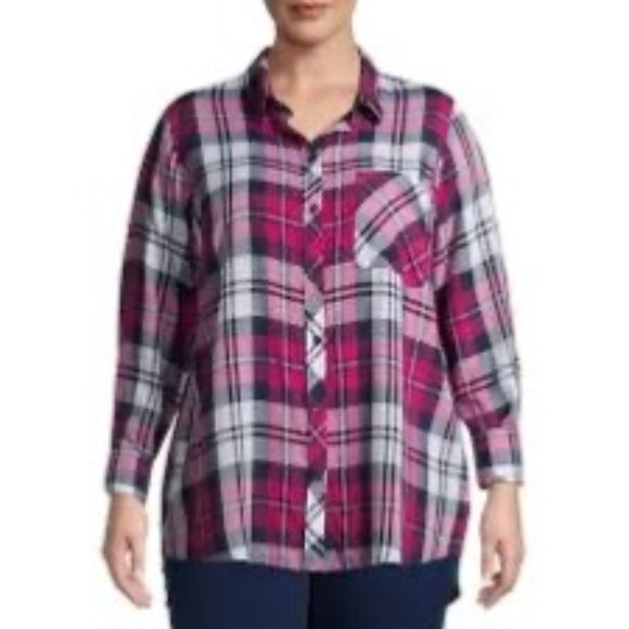 Womens Pink Plaid Button-Down Shirt By Terrys Studio Long Sleeve & Collared Si - Picture 1 of 5